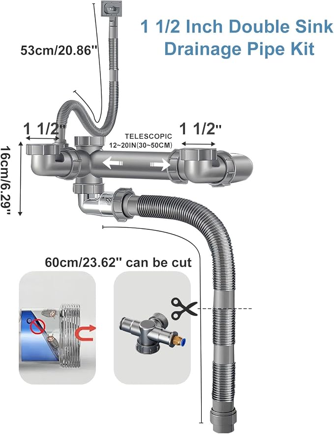 Double Sink Drain Kit Space Saving Kitchen Sink Drain Kit Expandable Flexible 1 - Image 6