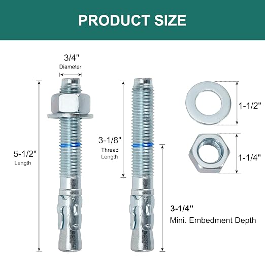 3/4" x 5-1/2" Concrete Anchors 3/4 inch Wedge Anchors Bolts Zinc Plated - Image 2