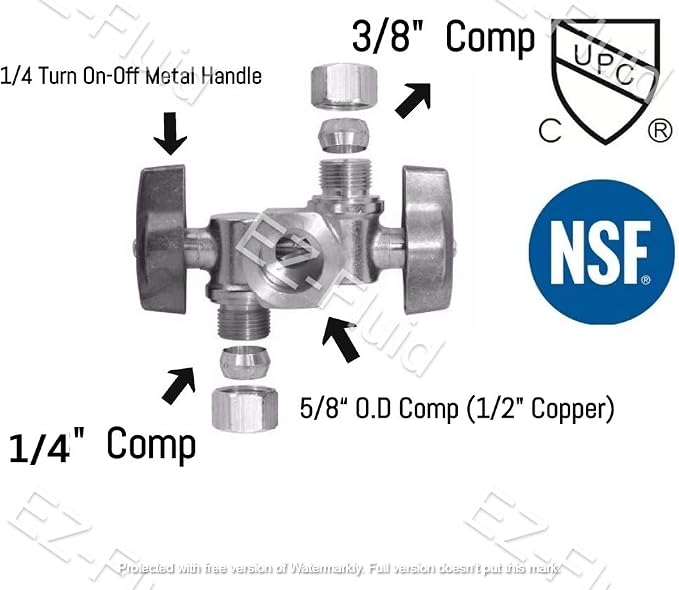 5/8" OD Comp X 3/8" Comp X 1/4" Comp Double Handles 1/4 Turn Angle Stop Water - Image 2