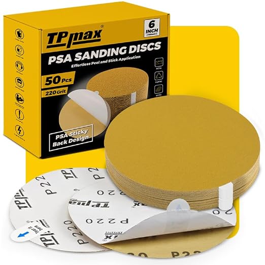 6-Inch 220-Grit Gold PSA Sanding Discs, 50 Pack – Pro-Grade Self-Adhesive by TPmax