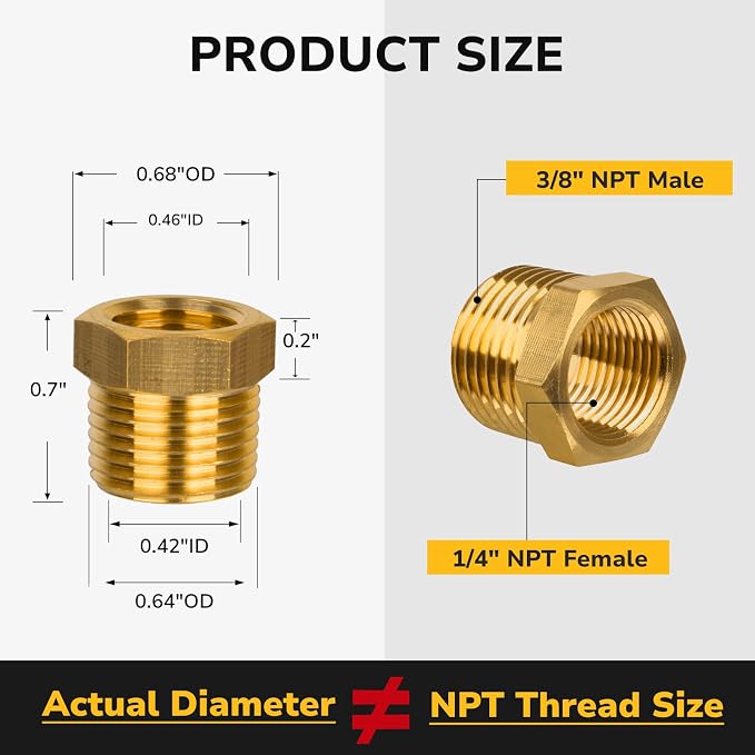 NPT Reducer, 3/8" NPT Male × 1/4" NPT Female, Brass Hex Bushing, Brass Pipe - Image 2