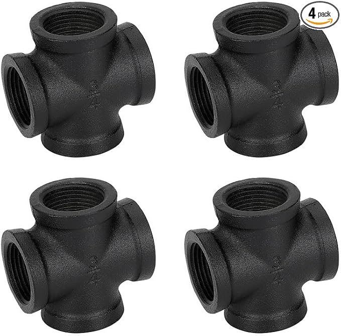 3/4" Black Pipe Fittings 4-Way Cross Fitting Home Expert 4 Pack | Malleable by HomeExpert