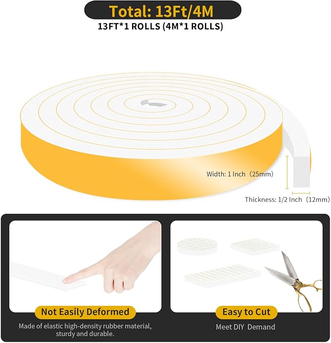 Weather Stripping Tape for Door, High Density CR, 1 in x 1/2 in x 13Ft | - Image 2