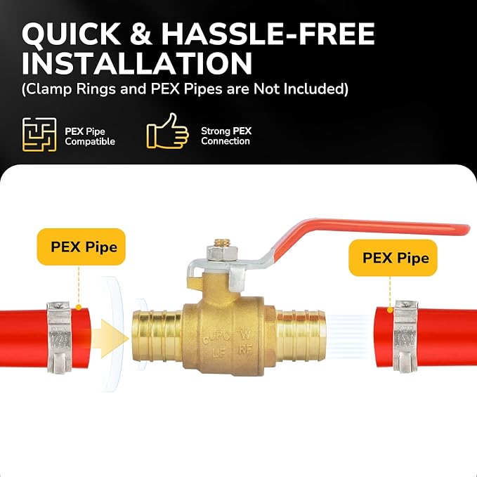 1/2" PEX Ball Valve, Brass Full Port Shut-off Valve, Pex Crimp Fitting - Image 6