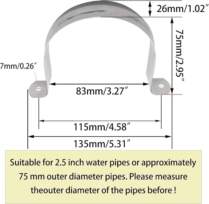 2.5inch Rigid Support Pipe Strap, 2 Hole U-Tube Strap Clamp, Stainless Steel - Image 2