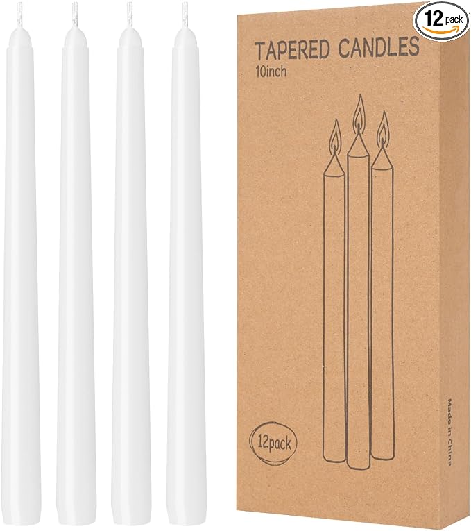 12 Pack White Taper Candles 10 inch by LYOBATHLLC
