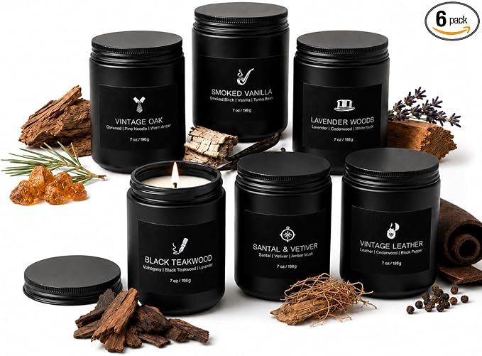Scented Candles for Men, 6 Masculine Scents Set, 7 oz Each | 200H Burn Time by Unknown