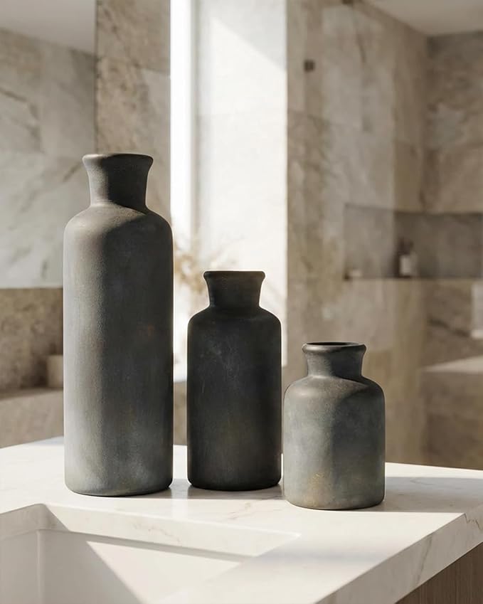 Black Ceramic Vase Set of 3, Vintage Brushed Gold Effect - Image 5