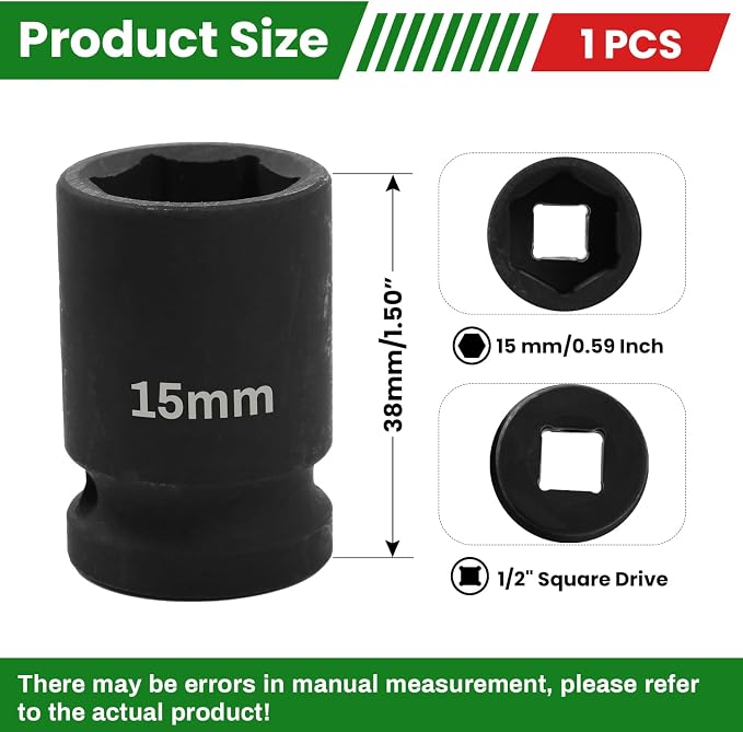 1/2" Drive 15mm Deep Impact Socket, 6 Point Chrome Molybdenum Steel Heavy Duty - Image 2