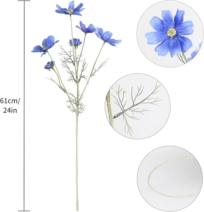 6PCS Blue Silk Cosmos Flowers 24'' Wild Flowers Artificial Fake Flowers - Image 3