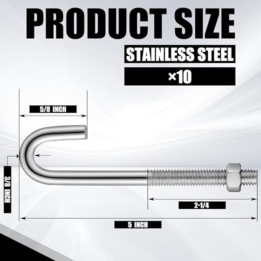 Yaocom 10 Pcs J Bolt with Nut 3/8"-16 x 5 Stainless Steel Concrete Anchors - Image 2