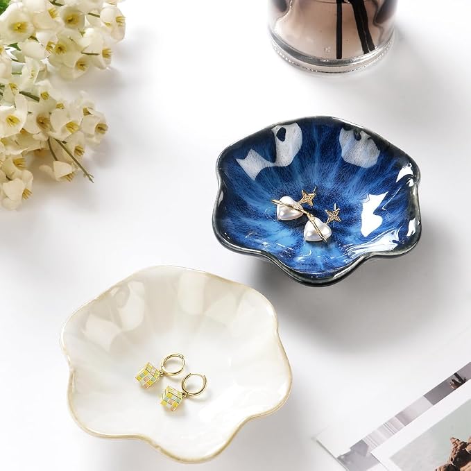 2PCS Lotus Leaf Shape Ring Holder Dish, Small Key Bowl, Ceramic Trinket Tray - Image 2