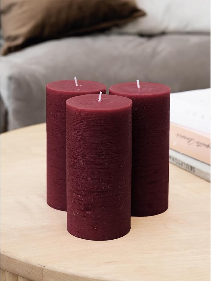 Large Pillar Candles 3x6 Inch – Set of 3 Unscented Dripless Burgundy Candles - Image 4