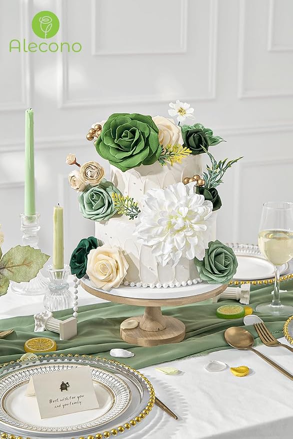 Alecono Green Pink Artificial Flowers, Silk Fake Roses Floral Set | - Image 3