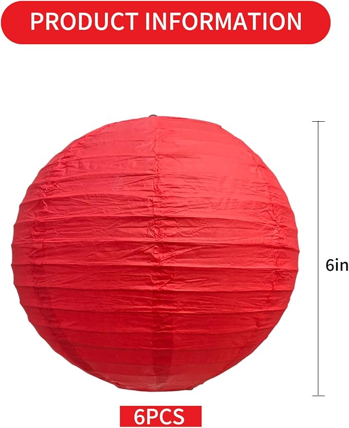 BEISHIDA 6 Inch Red Paper Lanterns 6 Packs Hanging Round Chinese Lantern | - Image 2