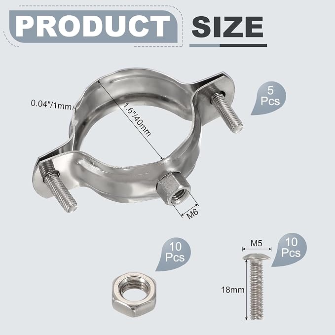 HARFINGTON 5pcs 201 Stainless Steel 1.6"/40mm Split Ring Pipe Hanger Pipe Strap - Image 2