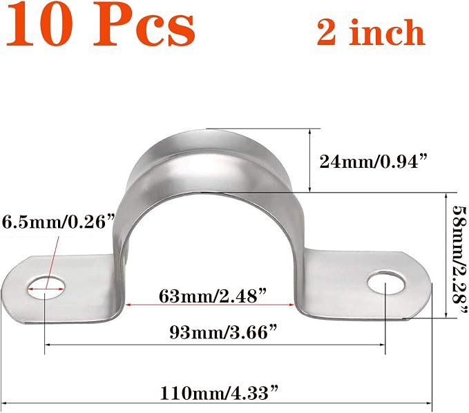 10 Pcs 2inch Rigid Pipe Strap, Two Hole Stainless Steel Strap U Bracket - Image 2