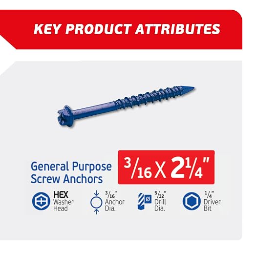 3/16 x 2-1/4" Hex Head Blue Concrete Screw Anchors - Image 2