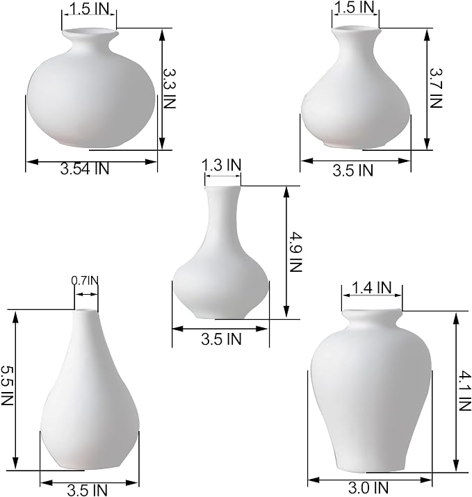 White Bud Vases, Ceramic Small Vase Set of 5, Mini Vases - Image 5
