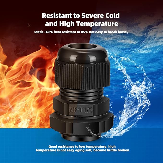 Cable Gland 12 Pack 1/2" NPT Waterproof Adjustable Connector Strain Relief Cord - Image 3
