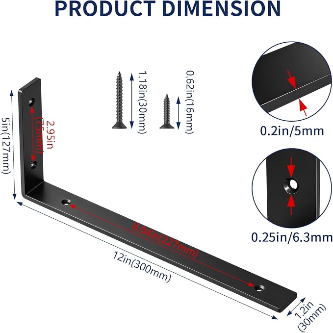 LSK 6PCS Shelf Bracket, L 12"×H 5", 5mm Thick Heavy Duty L Bracket, Max Load: - Image 3
