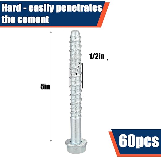Tandefio 60 Pack 1/2" x 5" Concrete Screw Anchor Galvanized Large Diameter - Image 2