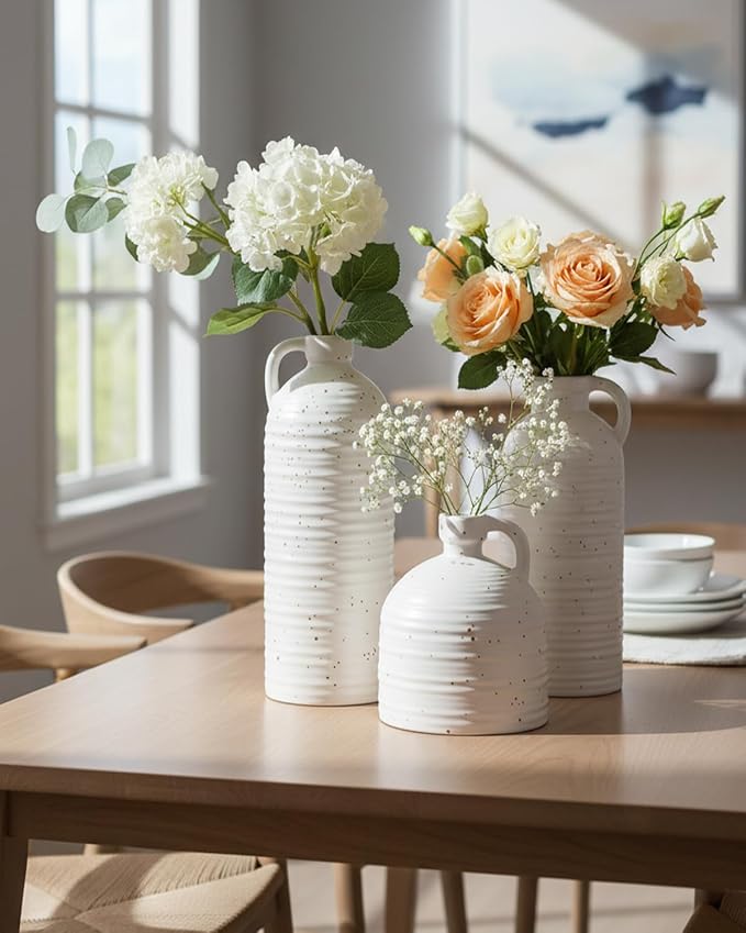White Polka Dot Vase Set of 3, Ribbed Jugs - Image 5