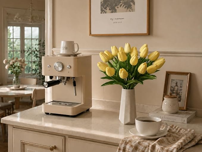 Mandy's 20pcs Artificial Light Yellow Tulips | 13.5 Inch Lifelike PU Tulips - Image 5