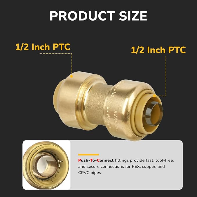 Push-Fit Coupling, 1/2" Push to Connect Brass Plumbing Fitting - Image 2