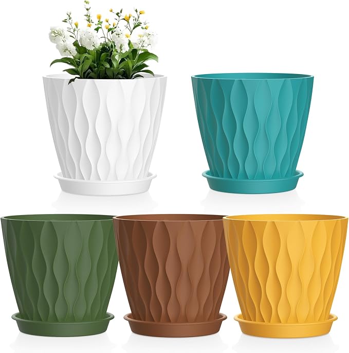 Meowell 4 inch Small Plastic Nursery Pots, Seedling Pots, 5 Set Water Ripples by Meowell