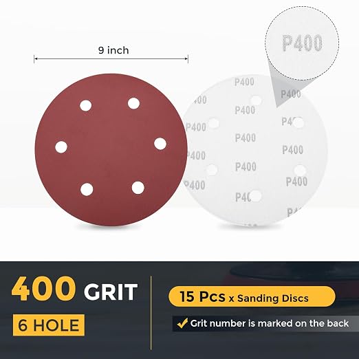 HARFINGTON 15 Pcs 9 Inch Sanding Discs 400 Grit Red Aluminum Oxide 6 Hole | - Image 2