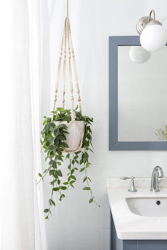 Mkono Macrame Plant Hanger Indoor 35 Inch Hanging Planter Basket Ivory 2Pcs | - Image 4