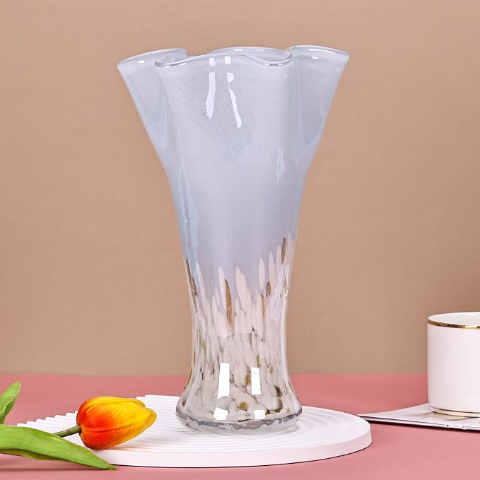 9.0" H Blue White Glass Vases for Flower, Unique Hand Blown Glass Vase | Wide - Image 6
