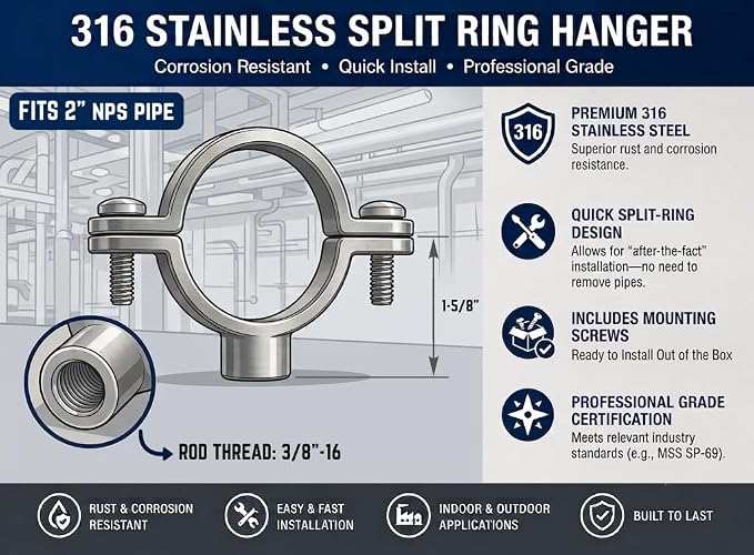 2" NPS 316 Stainless Steel Split Ring Pipe Hanger, Heavy-Duty Stationary Pipe - Image 2