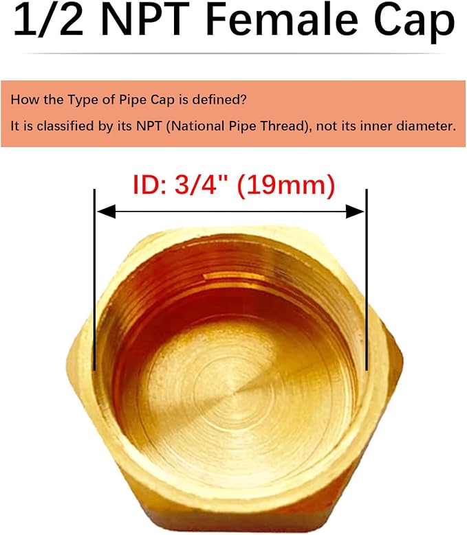 Brass Pipe End Caps, 1/2" NPT Hex Compression Cap Female Pipe Fitting Plumbing - Image 2