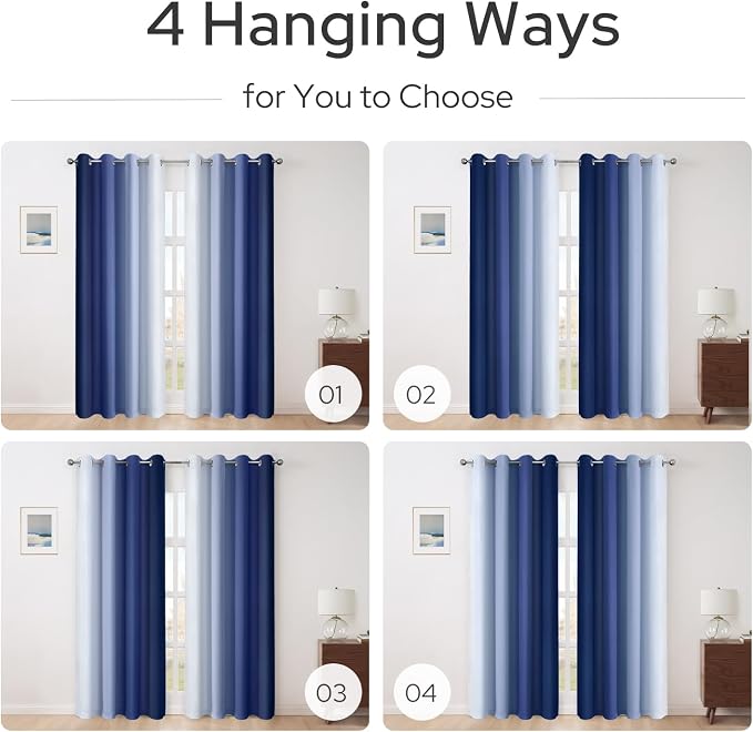 HOMEIDEAS Navy Blue Ombre Blackout Curtains, 52 X 84 Inch Length Gradient Color - Image 2