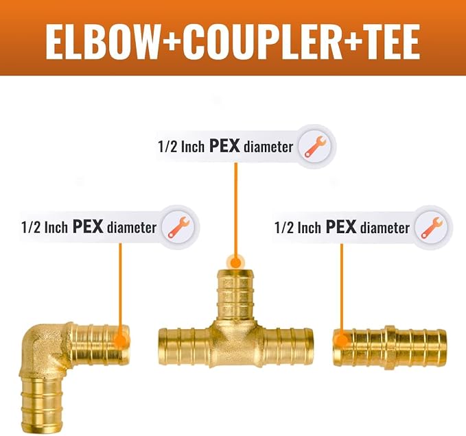 30-Pack 1/2 Inch PEX Fittings Kit, 10 Each Elbow Tee Coupling | Crimp Pipe - Image 2