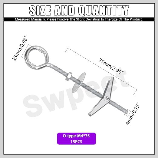 Swpeet 15 Set M4×75mm Eye Bolt Toggle Bolts and Wing Nut Kit - Image 2
