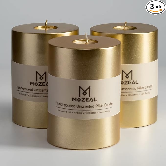 MOZEAL 3" x 4" Hand-Poured Unscented Candle, Dripless Pillar Candle Set of 3 by MOZEAL