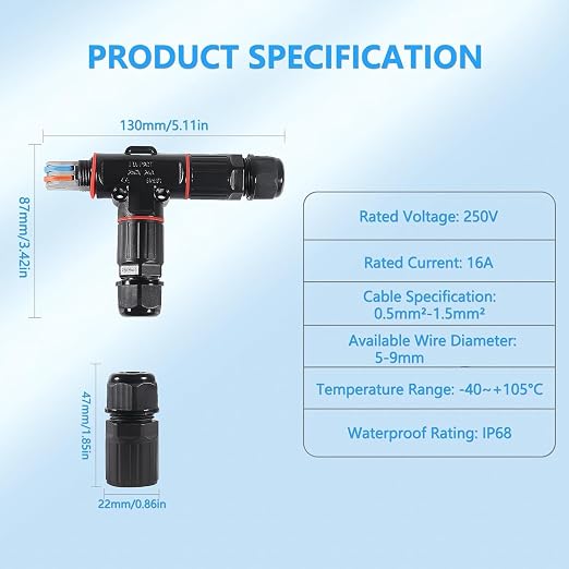 3PCS IP68 Waterproof Electrical Cable Connector, Outdoor 2 Pin T Shape Junction - Image 4