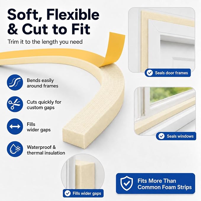 33FT EVA Foam Weather Stripping Door Seal, Self-Adhesive Weatherstrip Tape - Image 3