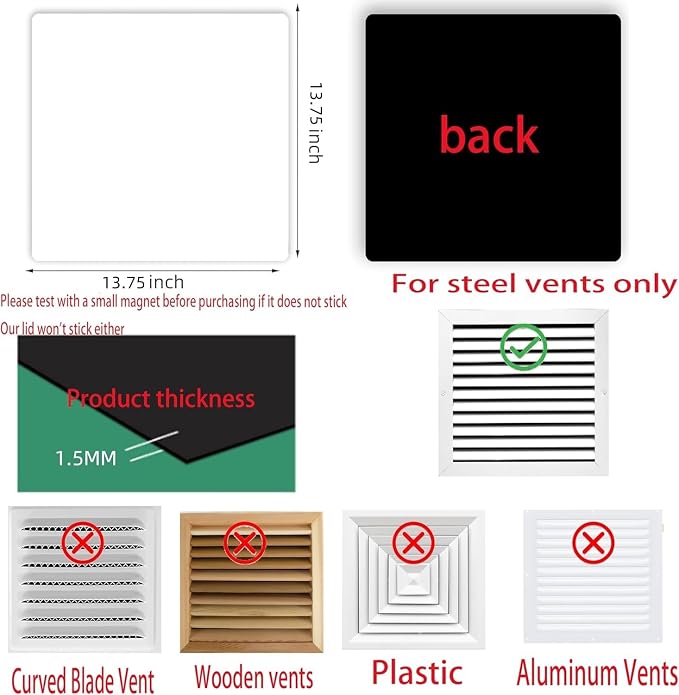 Square Magnetic Vent Covers, Extra Strong Magnets, 13.75" x13.75", Fits Steel - Image 2