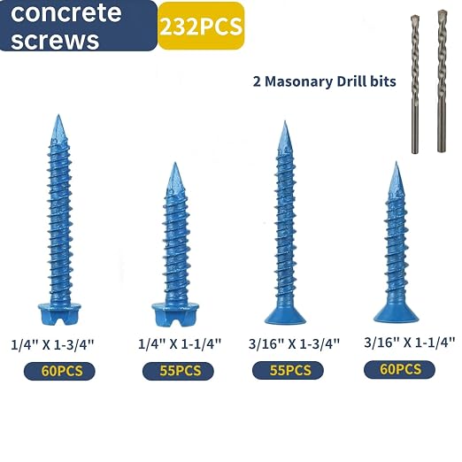 232Pcs Concrete Screws with Drill bits, 1/4 3/16 Masonry Screws - Image 4