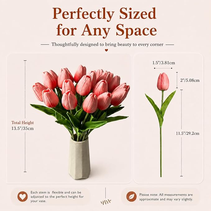 Mandy's 20pcs Artificial Coral Pink Tulips | 13.5 Inch Lifelike PU Tulips Faux - Image 3