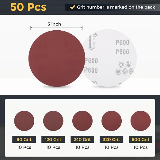 HARFINGTON 50Pcs 5Inch Sanding Disc Hook & Loop Sandpaper Aluminum Oxide | - Image 2