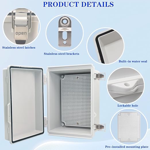 Waterproof Electrical Box, IP67 Junction Box Stainless Steel Latch Hinged Grey - Image 3