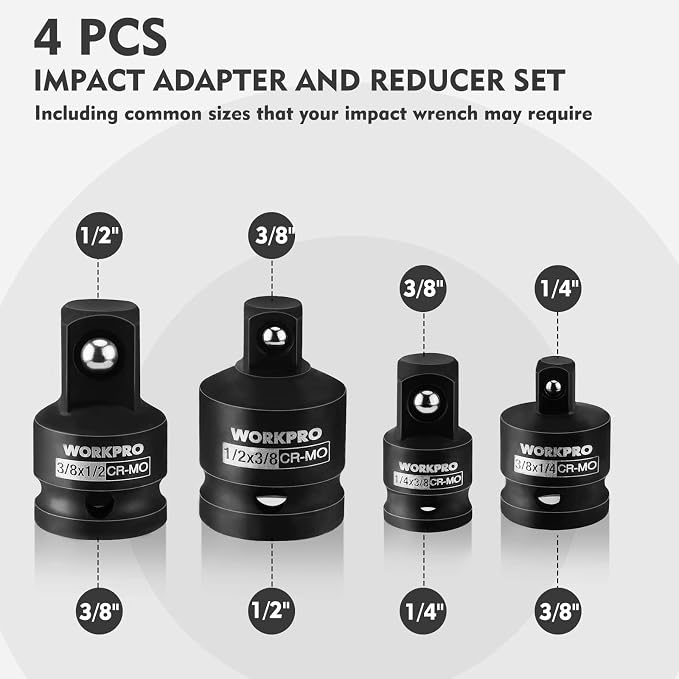 WORKPRO 4-Piece Impact Socket Adapter and Reducer Set, CR-MO Steel | 1/4" - Image 3