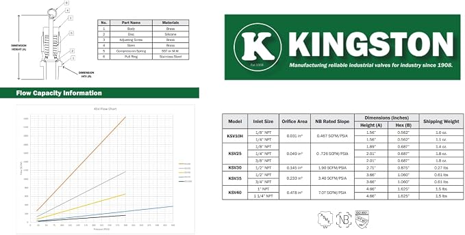 Kingston 1/4” NPT Brass Soft Seat Industrial Pressure Relief Valve, Made In The - Image 5