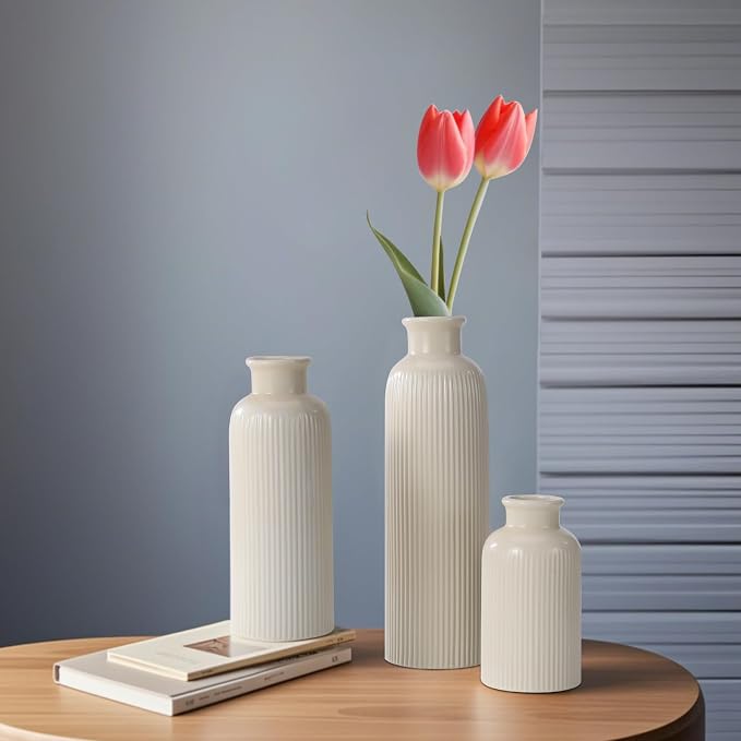 Small Beige Ceramic Vase Set of 3, Boho Modern Beige Flower Vase Room Decor - Image 8