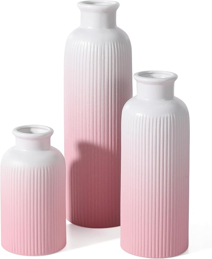 Small Gradient Pink Ceramic Vase Set of 3, Boho Modern Flower Vase Room Decor by GUKJOB